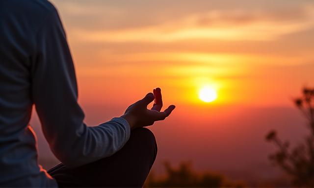 Une personne méditant au lever du soleil dans un cadre naturel serein, illustrant la connexion avec la nature et le bien-être holistique.
