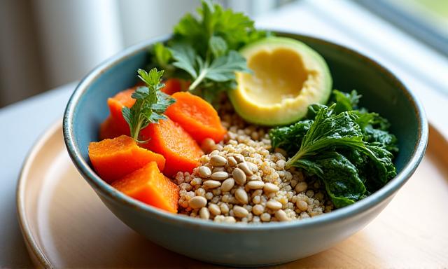 Un bol de salade fraîche avec des légumes colorés, des graines et des herbes aromatiques.
